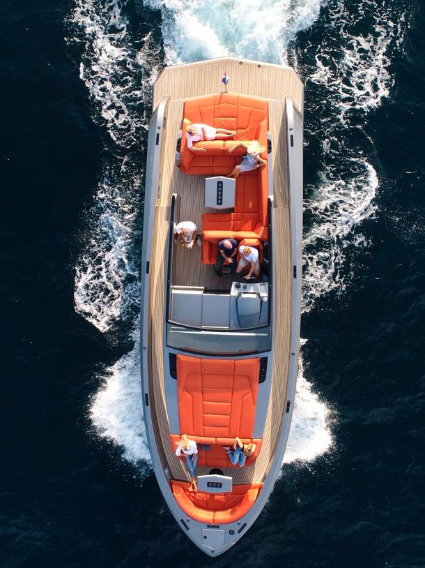 Upside view of a Vanquish VQ45 yacht sailing in Ibiza