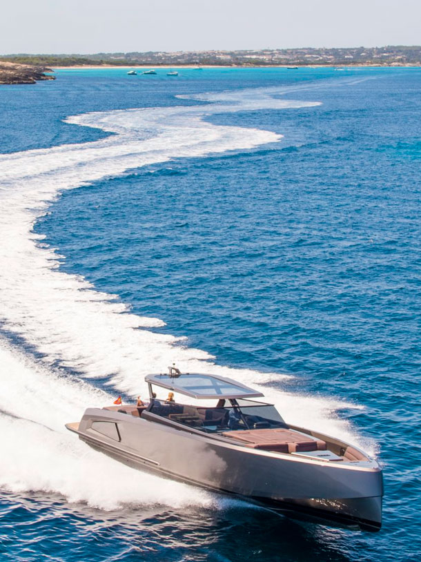 Upside view of a Vanquish VQ52 yacht sailing in Ibiza