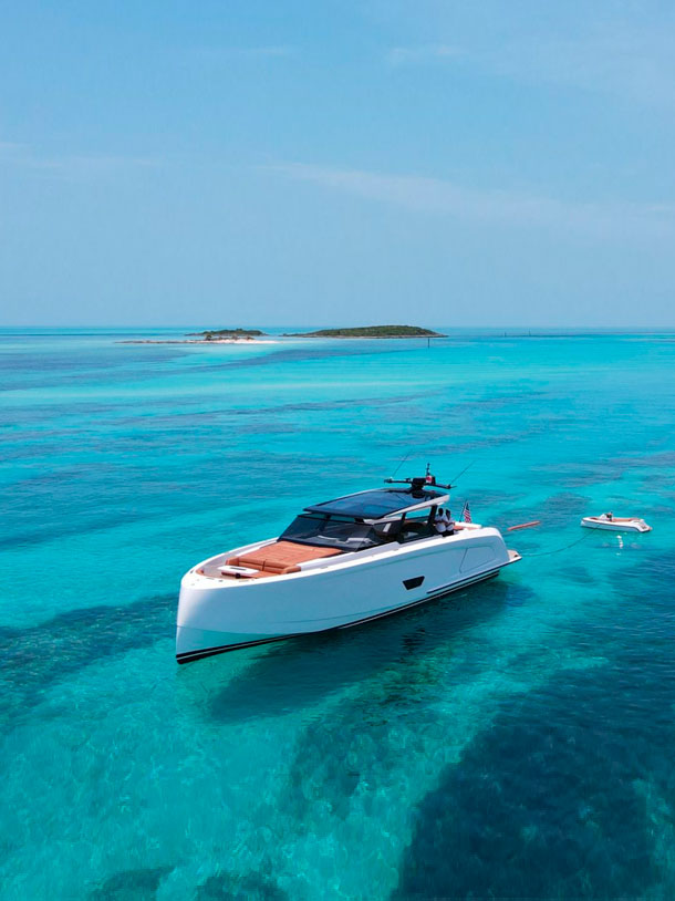 Upside view of a Vanquish VQ58 yacht sailing in Ibiza